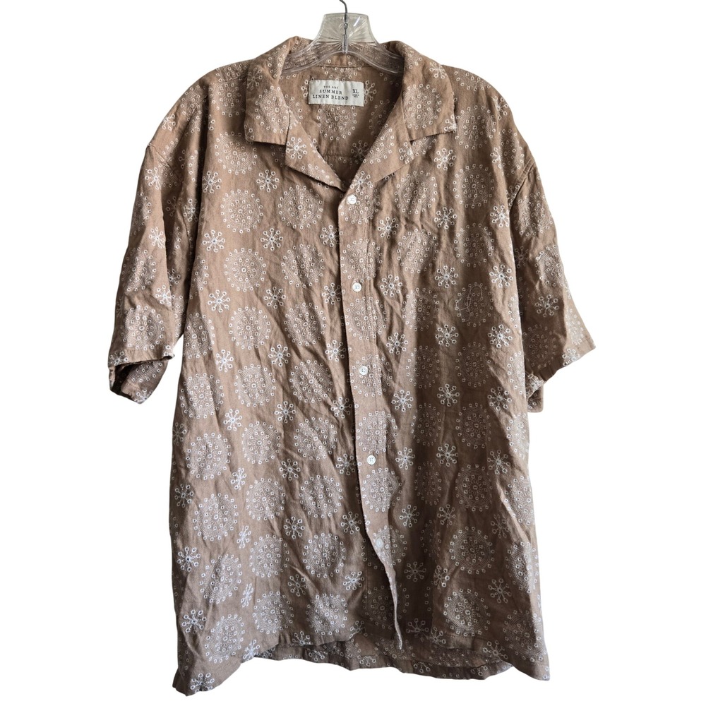 Abercrombie & Fitch XL Shirt Mens Tan Excellent Summer Linen Blend Embroidered